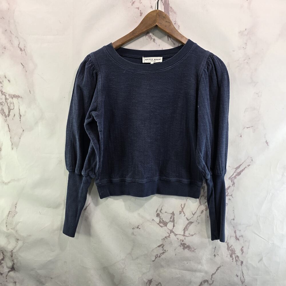 A Piece Apart T Shirt Womens XS Blue Long Sleeve Crew Tee Crop Puff Sleeve
